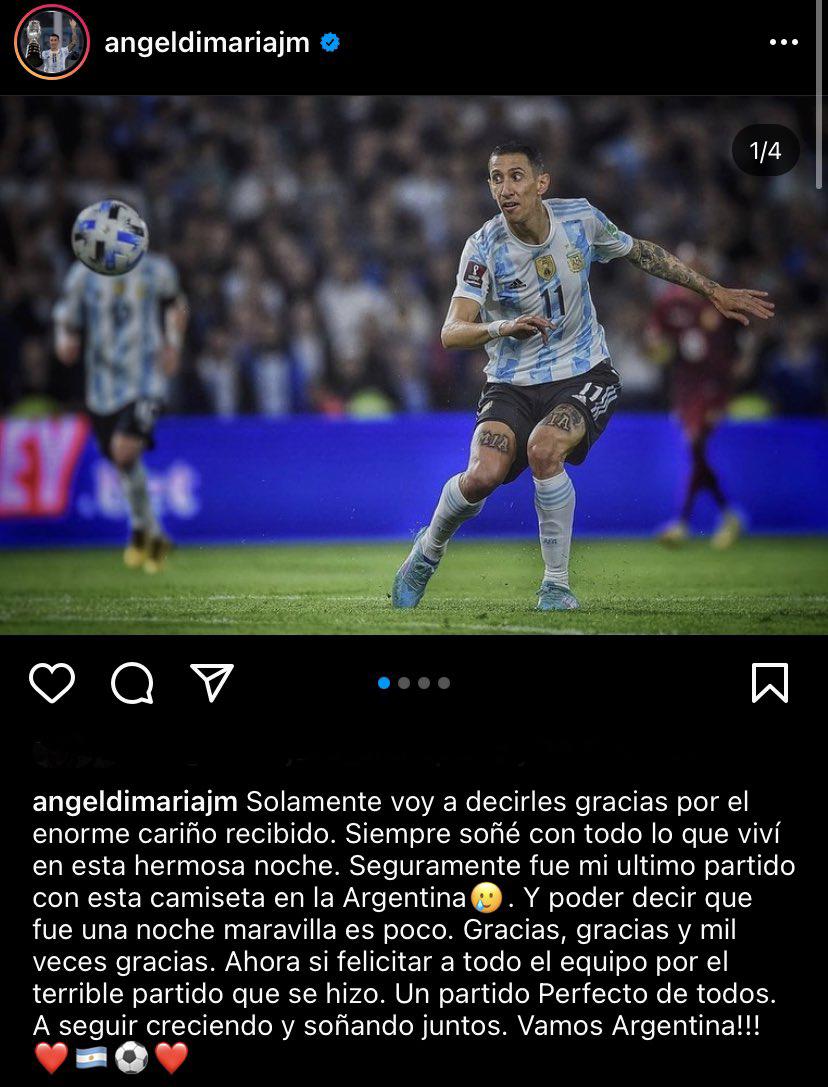 El anuncio de Di María en sus redes sociales sobre su futuro en la selección de Argentina.