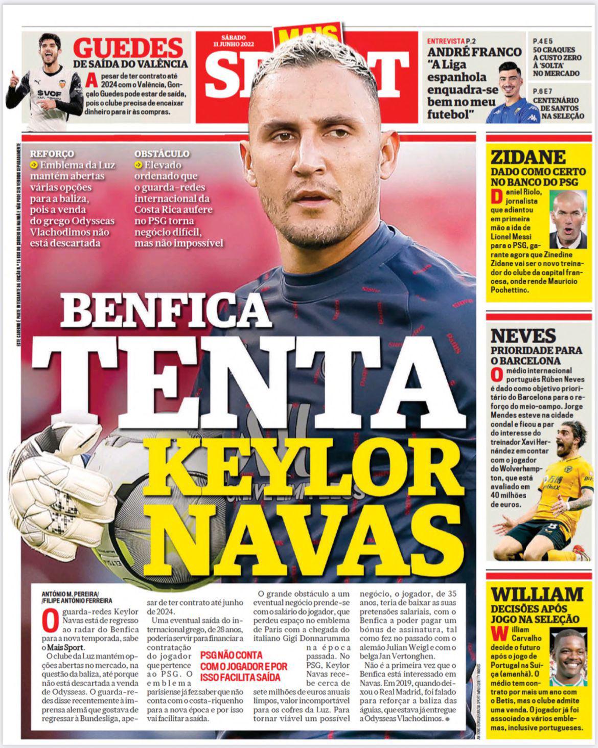 “Benfica tenta Keylor Navas”, fue la portada del sábado del medio portugués Maisport.