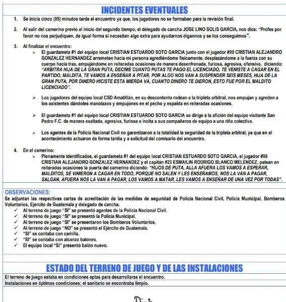 El acta arbitral del polémico juego de la segunda división de Guatemala.