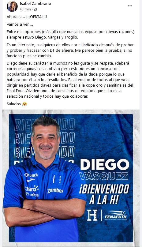 Isabel Zambrano sobre el nombramiento de Diego Vázquez a la Selección de Honduras: “Esto no es concurso de popularidad”