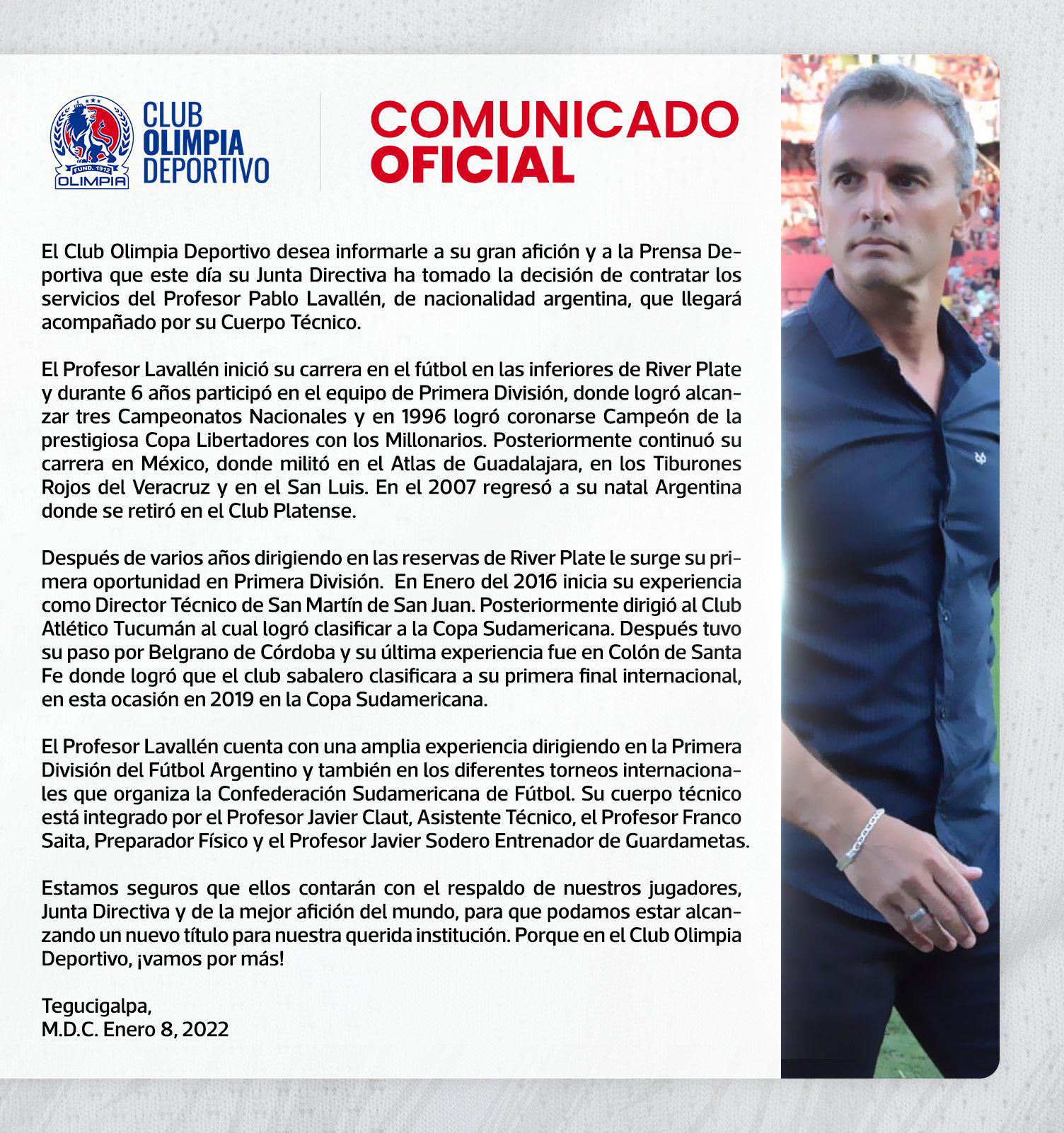 Tras el anuncio de DIARIO DIEZ, Olimpia tuvo que salir al paso y oficializar a Lavallén.