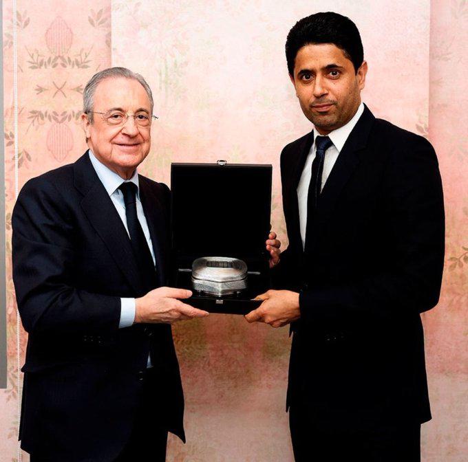 Así fue la comida de Florentino Pérez y Al-Khelaifi antes del Real Madrid-PSG: casi dos horas, lo que consumieron y los regalos