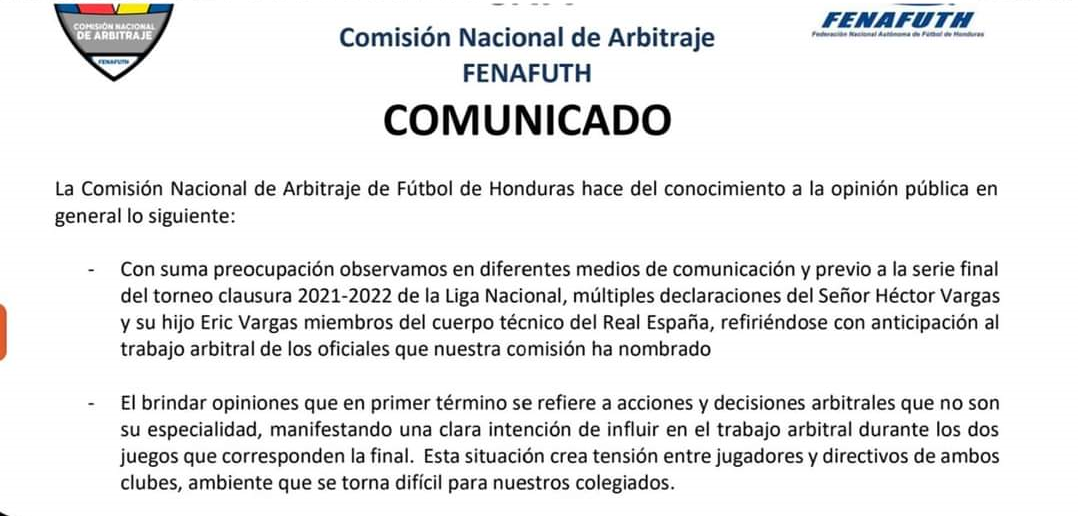 Comisión de Arbitraje se pronuncia tras las declaraciones de Héctor Vargas previo a la final Motagua-Real España