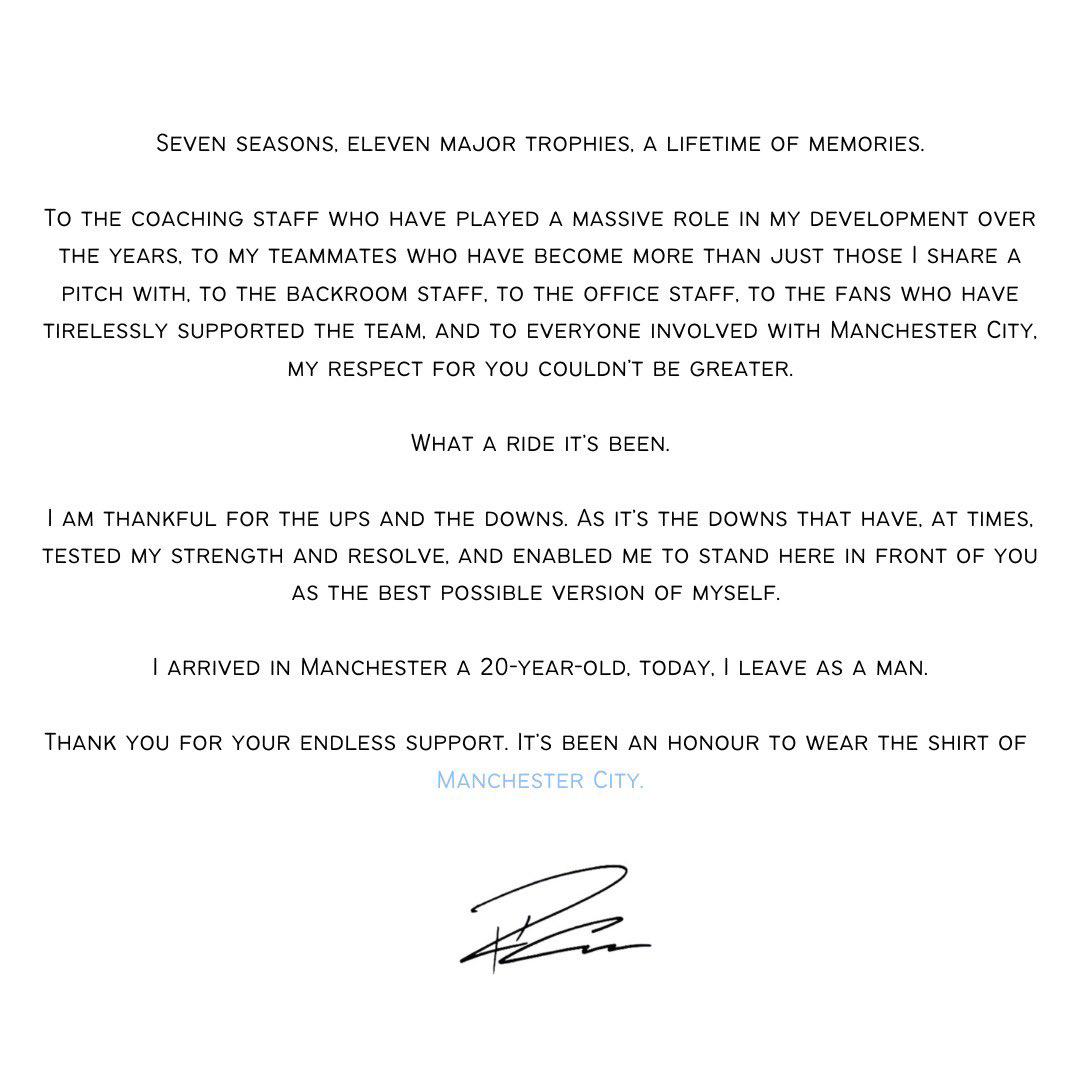 La carta de despedida de Raheem Sterling del Manchester City: “Siete temporadas, 11 trofeos y una vida de recuerdos...”.