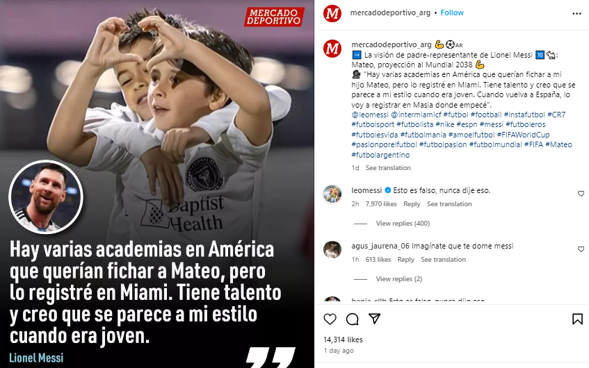 Messi desmintió a un medio de su país por una publicación sobre su hijo Mateo.