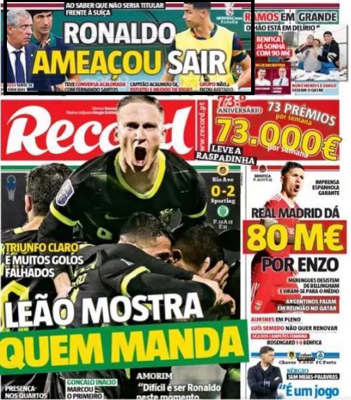 En la parte superior se puede leer el titular de Récord dando la información sobre Cristiano Ronaldo.