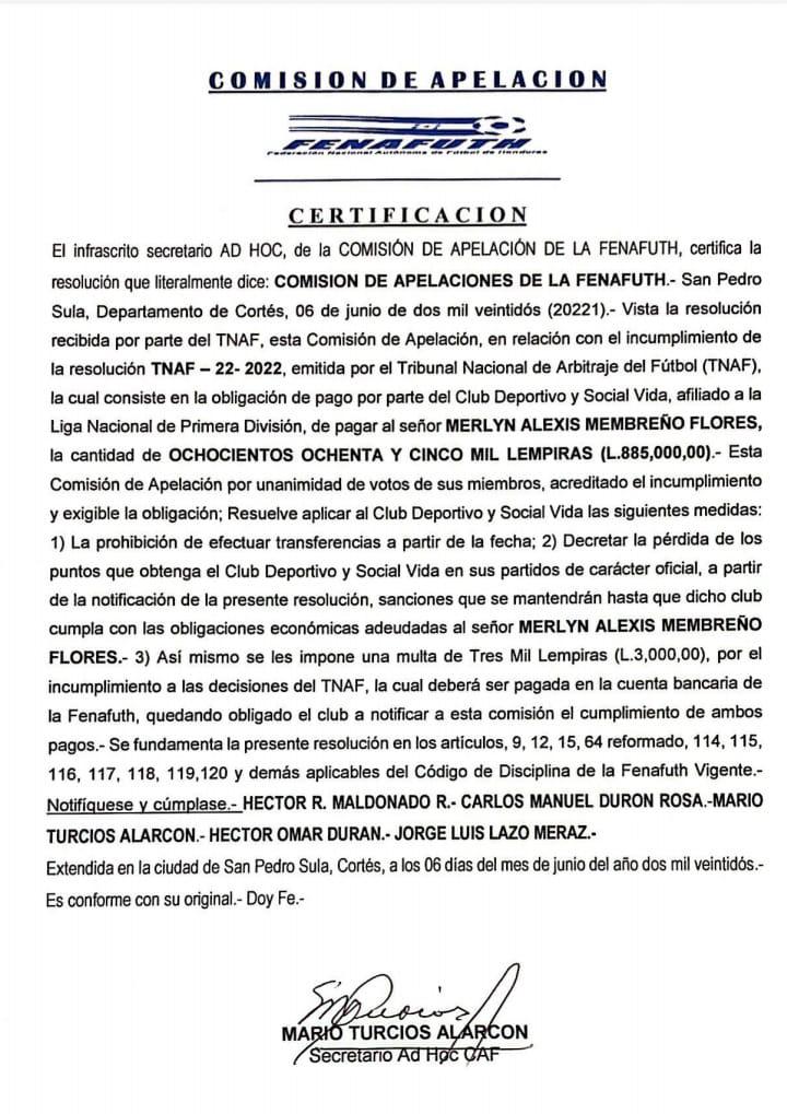 Comisión de Apelaciones prohíbe transferencias de jugadores al Vida por una fuerte deuda con Merlyn Membreño