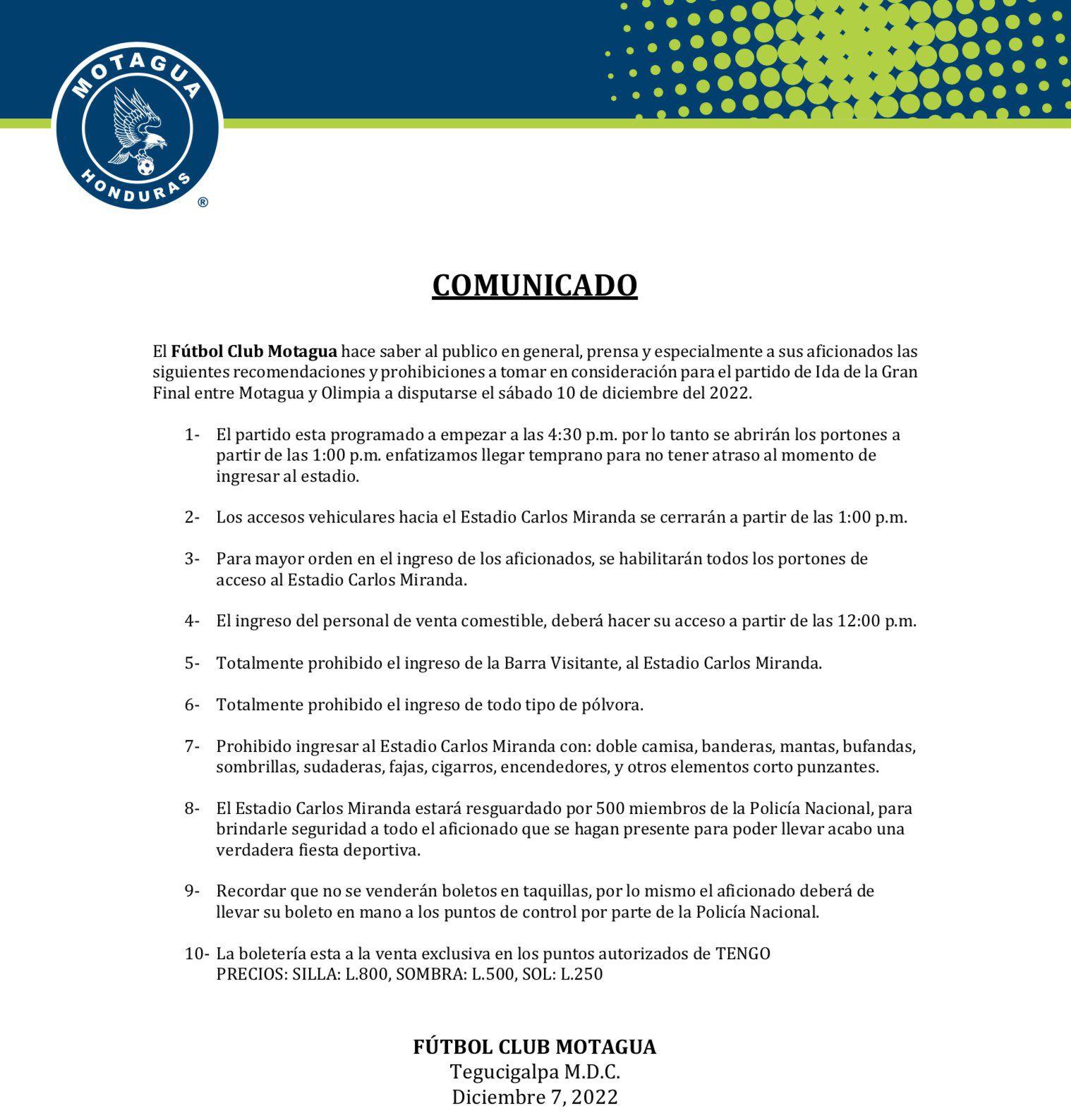 Motagua confirma restricciones para el partido de ida de la gran final ante el Olimpia en el Carlos Miranda de Comayagua